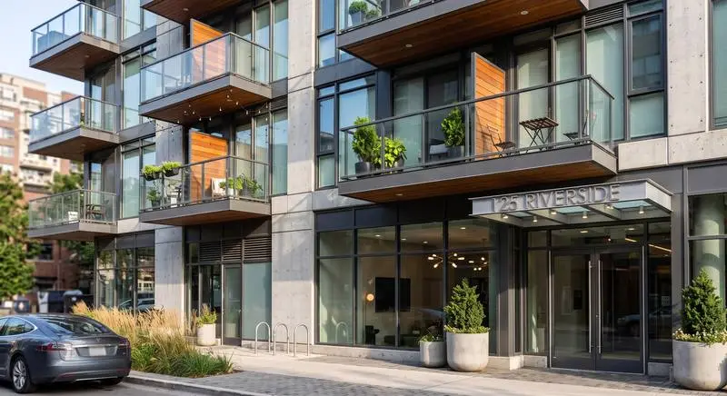 Modern Edmonton apartment condo building with glass balconies