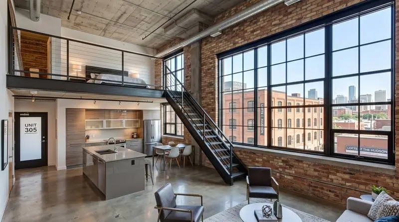 Edmonton loft condo with exposed brick, high ceilings and an open staircase