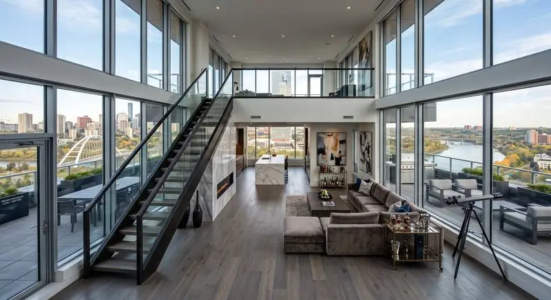 Two-storey Edmonton penthouse condo with floor-to-ceiling windows