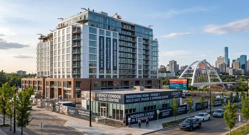 New construction condo tower in Edmonton with a pre-sale centre