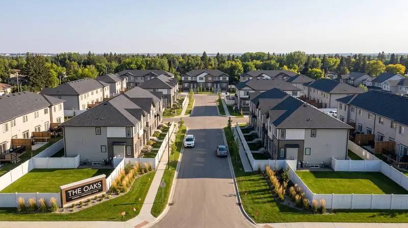 Row of townhouse condos on a tree-lined street in an Edmonton suburb